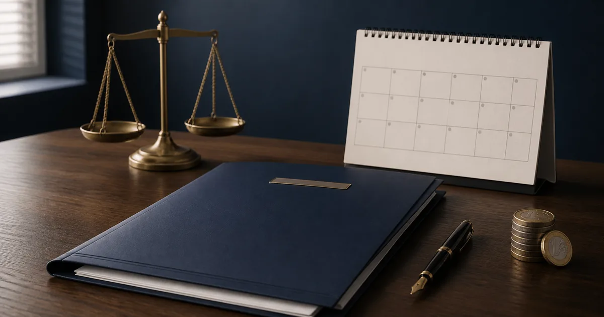 Vertragsmappe, Kalender, Waage, Füller und Münzen zur Prüfung eines Aufhebungsvertrags