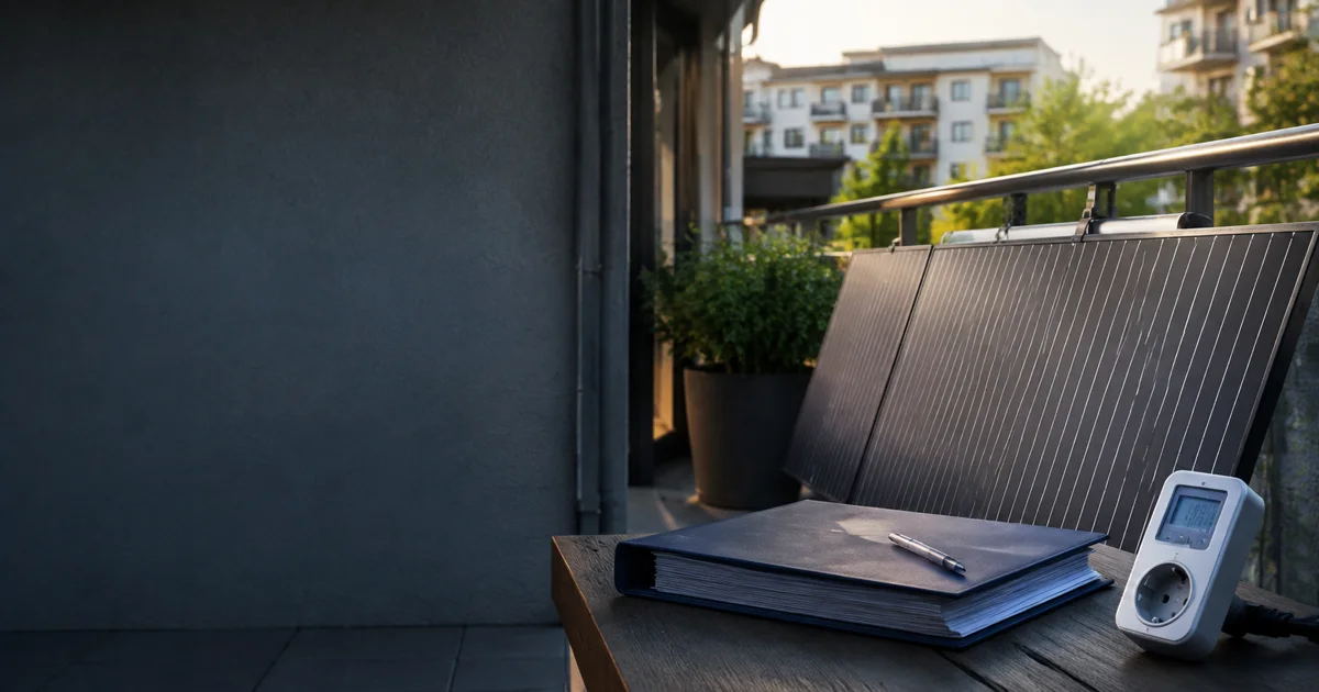 Steckersolargerät an einem Balkon eines Wohnhauses
