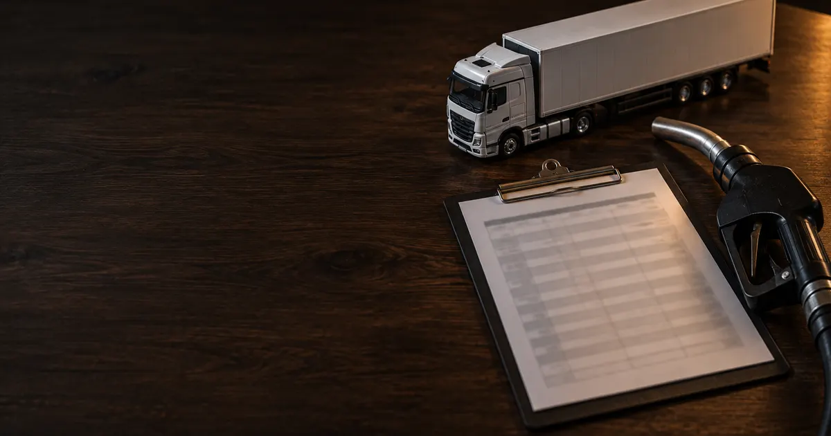 Lkw-Modell, Klemmbrett mit Frachttabelle und Diesel-Zapfpistole auf dunklem Holztisch