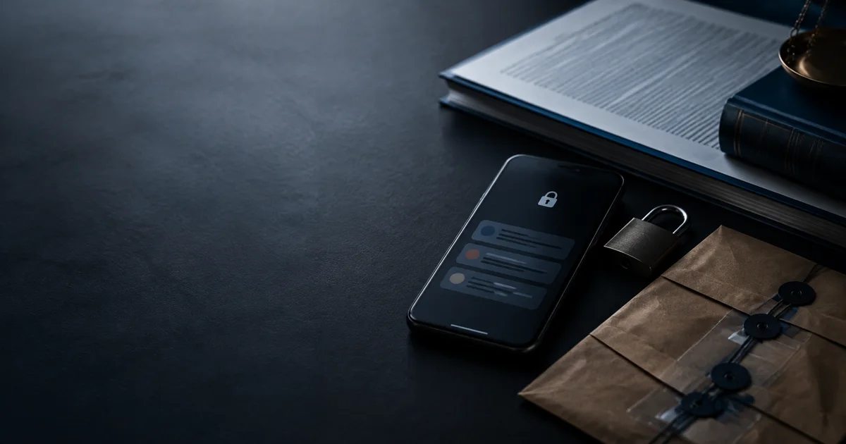Geschütztes Smartphone, Schloss und Beweisumschlag zur Dokumentation eines Datenlecks
