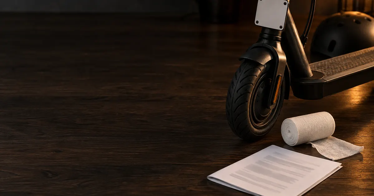 Vorderrad eines E-Scooters mit Versicherungsplakette, Verbandsrolle und Schadensformular