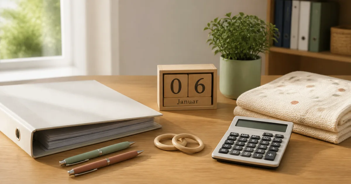Professionelles Stillleben mit Unterlagen, Kalender und Taschenrechner zur Elterngeldplanung
