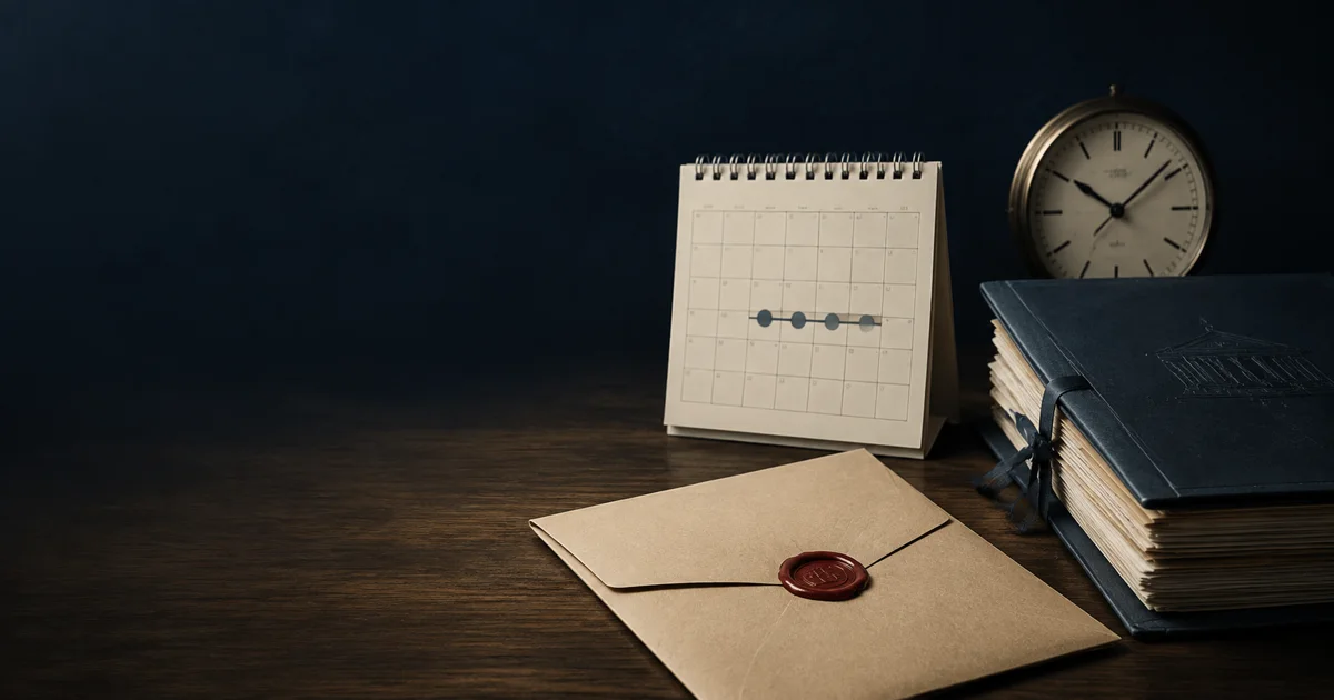 Kündigungsschreiben, Drei-Wochen-Kalender, Uhr und Gerichtsakte auf einem Schreibtisch