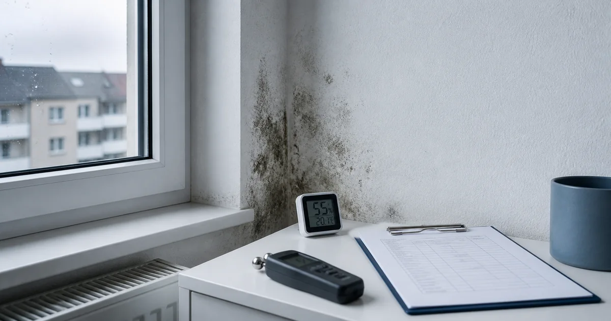 Schimmel an einer Fensterlaibung neben Hygrometer, Feuchtemessgerät und Prüfprotokoll