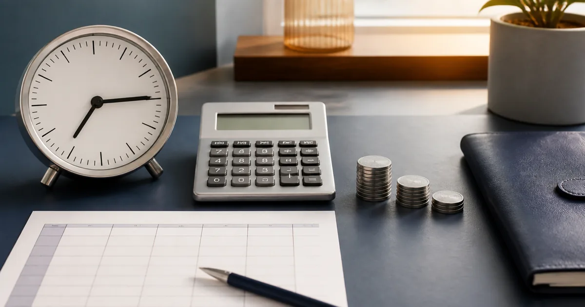 Analoge Uhr, Rechner und Arbeitszeitplan für die Minijob-Stundenberechnung 2027