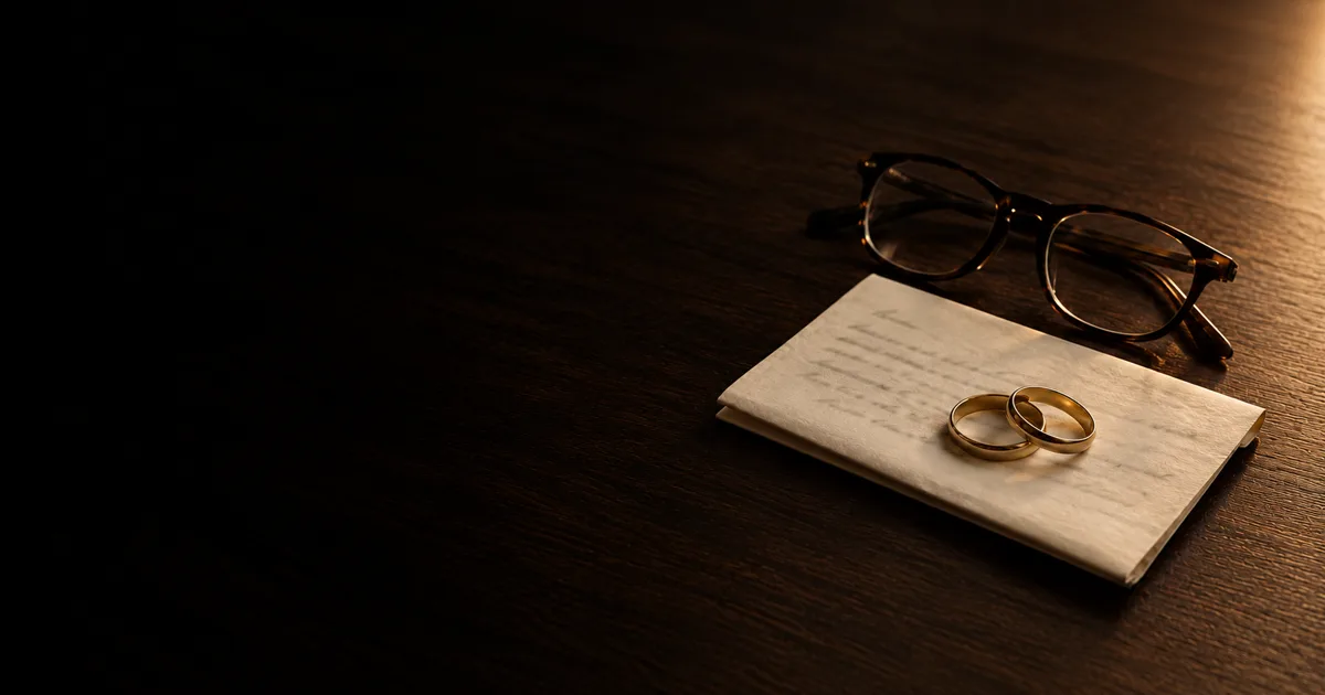 Zwei Eheringe auf einem gefalteten Brief, dahinter eine Lesebrille