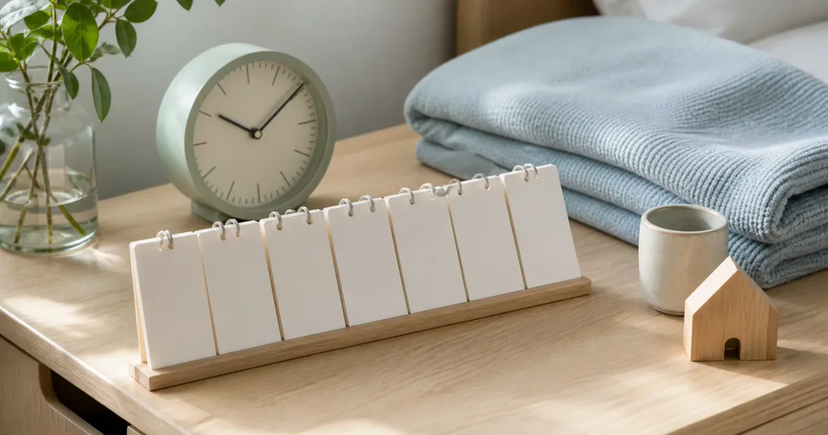 Acht leere Kalenderkarten, Uhr, Pflegedecke und Holzhaus als Symbol für die Rückkehr nach Hause