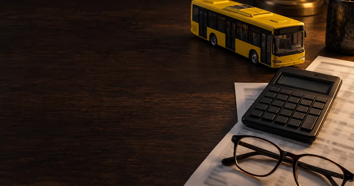 Stadtbus-Modell, Taschenrechner, Steuerformular und Lesebrille auf dunklem Holztisch