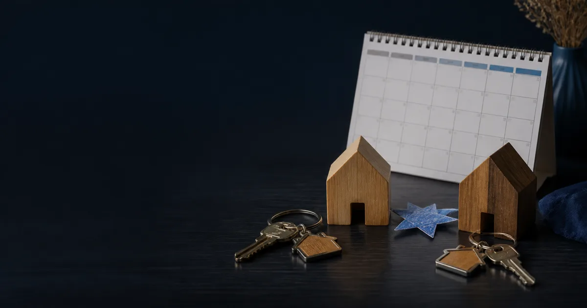 Zwei Häuser, Schlüssel, Kalender und ein Stern als Symbol für Umgang zwischen zwei Elternhäusern