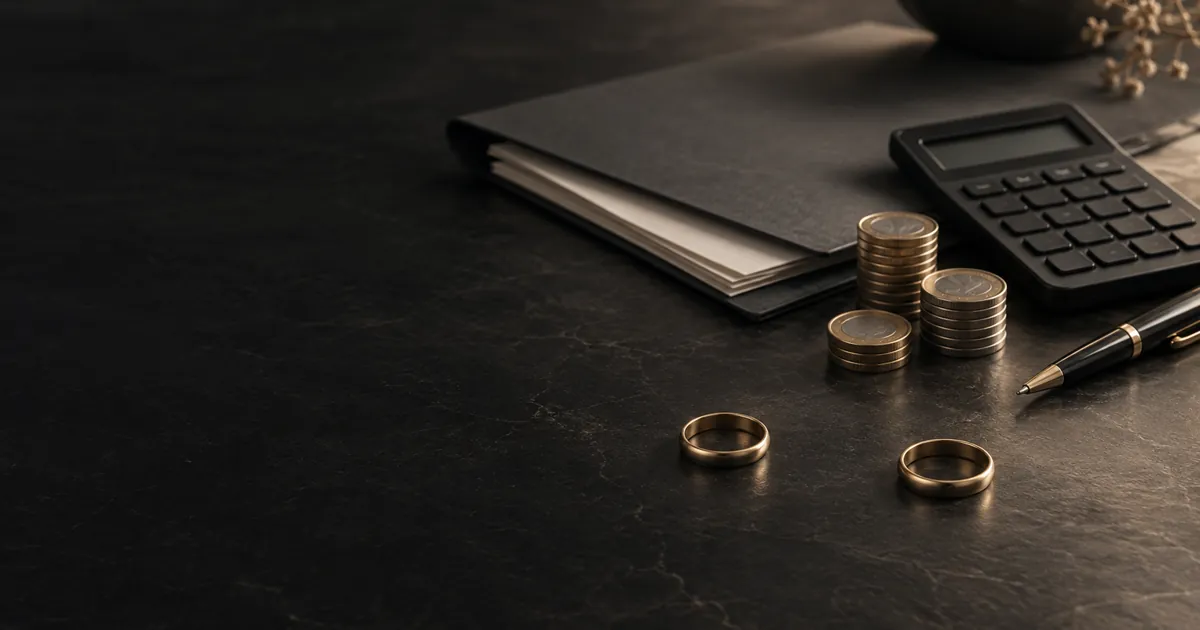 Zwei getrennt liegende Eheringe, Münzstapel, Ordner, Taschenrechner und Stift auf dunklem Stein