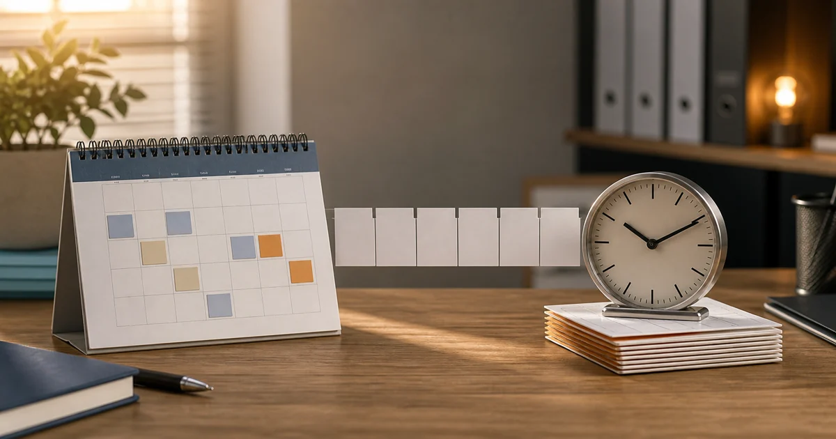 Kalender mit Urlaubstagen neben Zeiterfassung, Taschenrechner und Zeitkonto