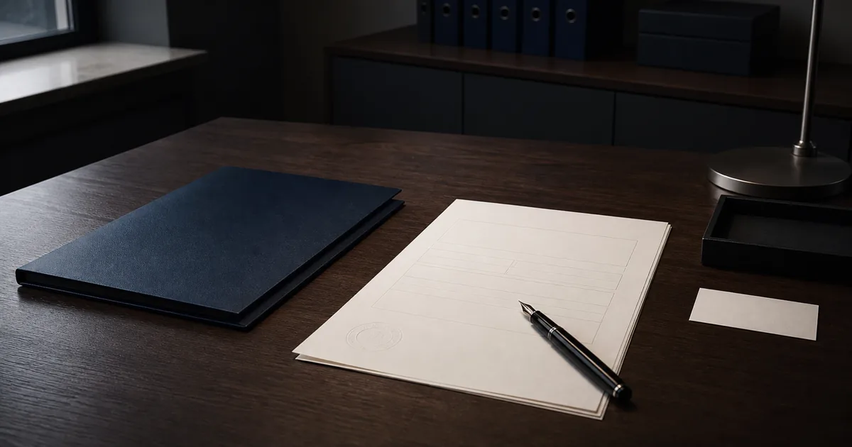Beurkundungsformular, Aktenmappe und Füller auf einem dunklen Schreibtisch der Ausländerbehörde