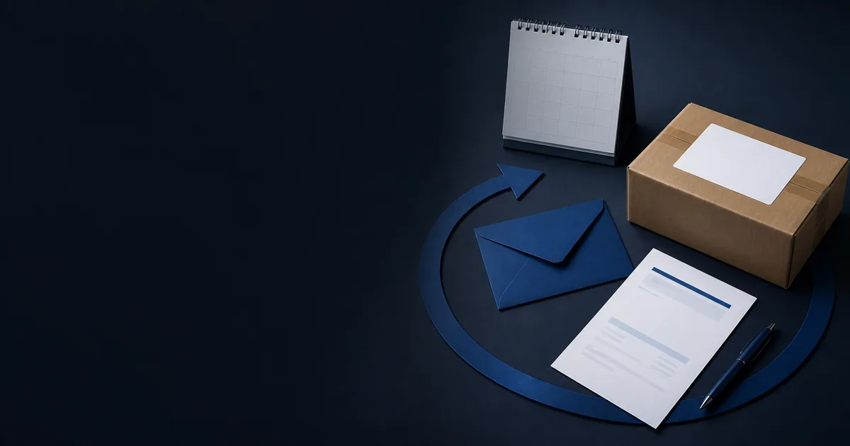 Paket, Rücksendeumschlag, Kalender und Vertragsunterlagen als Symbol für den Widerruf